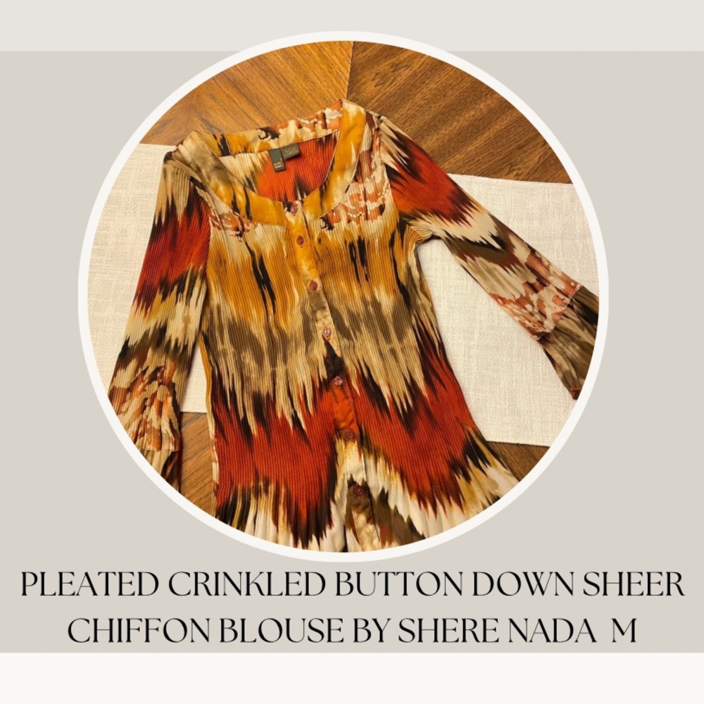 PLEATED CRINKLED BUTTON DOWN SHEER 
CHIFFON BLOUSE BY SHERE NADA  M